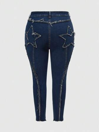 Grunge Punk Plus Size Distressed Star Patch Ripped High Stretch Vintage Wash Denim Jeans