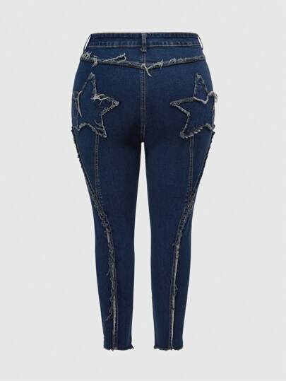 Grunge Punk Jeans in Große Größen mit abgerandetem Stern-Patch, Rissen und Vintage-Waschung mit hohem Stretch