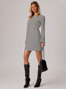 Forever 21 Women Striped Round Neck Bell Sleeve Casual Straight Dress - Multicolor - View 3