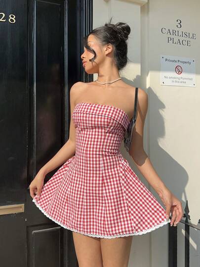 Aloruh Vestido corto de vacaciones para mujer, de cintura ceñida y volante con estampado vintage a cuadros rojos y blancos