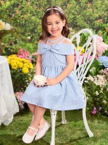 Vestido justo com decote redondo e jacquard de cor sólida e tecido para meninas - Azul - Ver 4