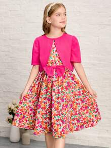 SHEIN Leap Crew 2pcs/Set Tween Girl Solid Knit Jacket & Ditsy Floral Round Neck Dress - Pink - View 7