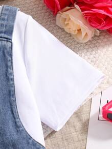SHEIN Conjunto de blusa de manga corta con estampado y pantalones cortos asimétricos de mezclilla para niña preadolescente - Blanco - Ver 8