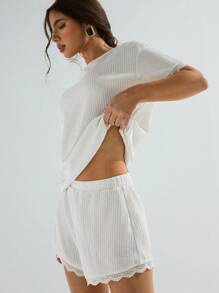 Athîral 2 件套女士休闲纯色纹理短袖上衣和短裤套装