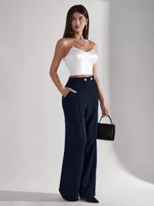 SHEIN Tall Women Solid Color Mid Waist Wide Leg Black Business Long Pants With Button Details