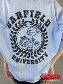 Garfield X FRIFUL Women Striped Loose Collaboration Backprint Long Sleeve Shirt, Women's Summer Outerwear Top - Blue - View 8