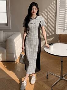 DAZY Women's Colorblock Plaid Round Neck Short Sleeve Dress - Black - View 4