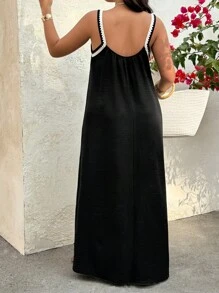 SHEIN Clasi 大码女式时尚度假风格长款吊带连衣裙 - 黑色 - 查看 1