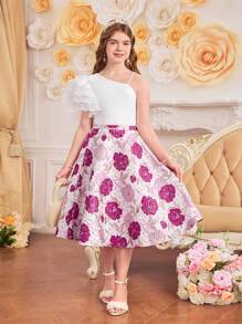 SHEIN Conjunto de top de punto con tirantes acanalados y falda jacquard floral elegante para niñas preadolescentes, perfecto para primavera/verano, vacaciones, verano y viajes - Rosa - Ver 3