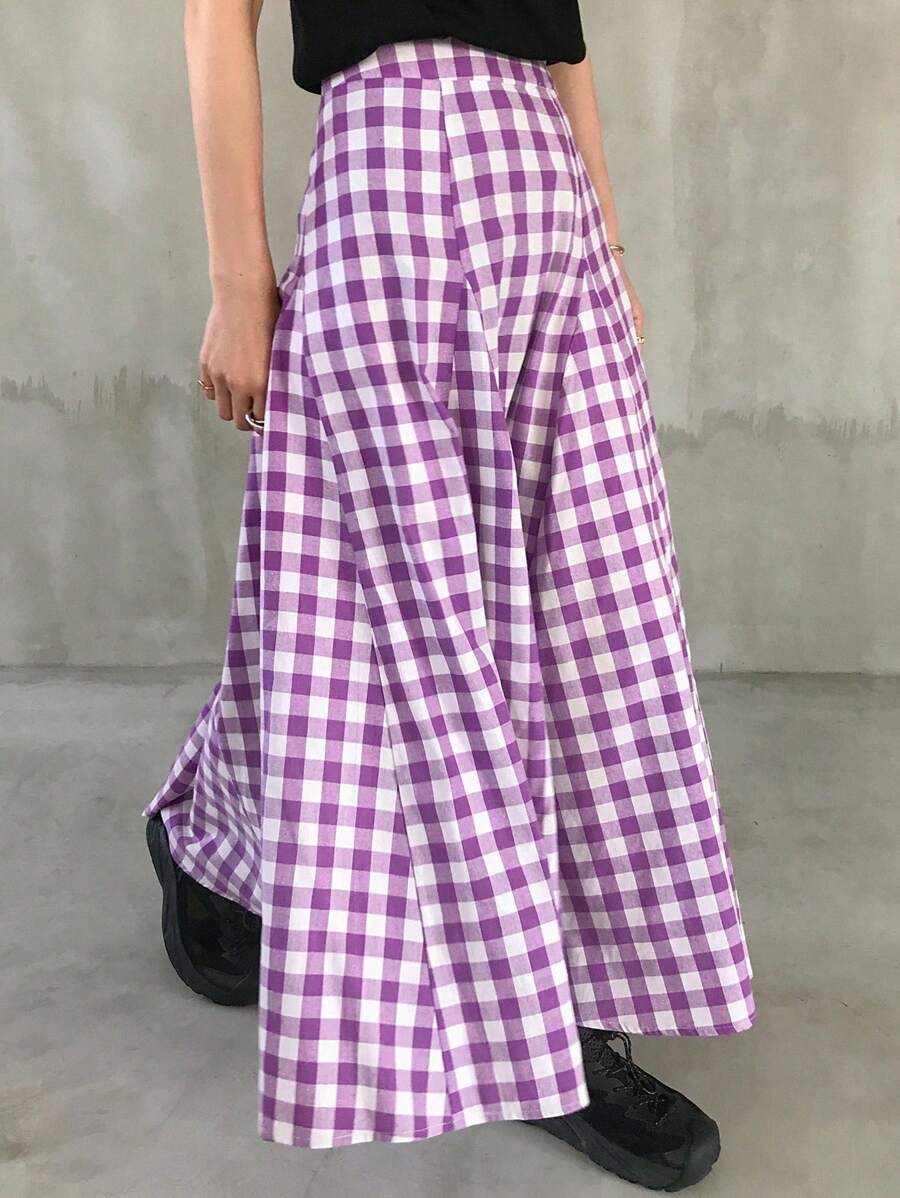 FRIFUL 女士紫色高腰A字格子半身裙，夏季连衣裙 - 紫色 - 查看 1