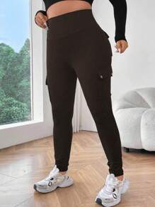 Flirla Pantalones cargo de talla grande unicolor con cintura alta y bolsillo con solapa