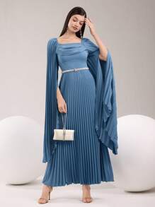 Modelyn 女士纯色方领披肩袖褶边连衣裙，优雅 - 藍色 - 查看 7