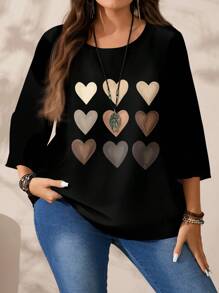 EMERY ROSE 大码女式心形渐变网格图案印花休闲宽松 3/4 袖衬衫，适合春夏季