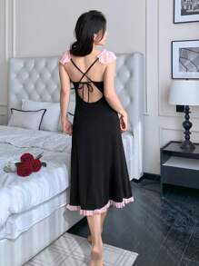 SHEIN Váy ngủ Babydoll họa tiết nơ lưới và bèo nhún thanh lịch dành cho nữ - màu đen - Xem 2
