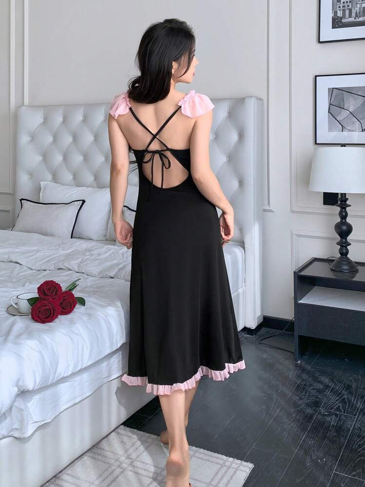 SHEIN Elegant Mesh Bowknot & Ruffle Trim Women's Nightgown Babydoll Bow - Black - View 2