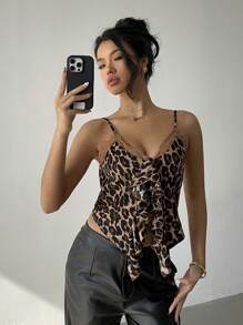 SHEIN Essnce Women Leopard Print Front Tie Ruffle Trim Camisole Top - Multicolor - View 5