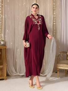 Al Najma Women's Butterfly Embroidery Batwing Sleeve Turkish & Arabic Traditional Long Red Dress