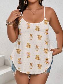 INAWLY 大码女式休闲流行可爱熊印花无袖背心