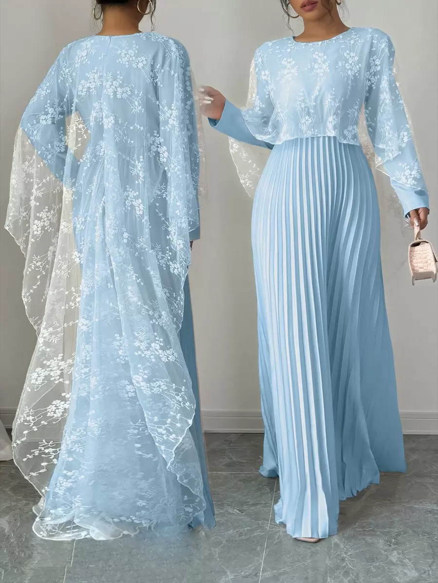 Rafferiza 女士优雅褶皱网眼长裙，秋冬长款女装 - 淺色水洗藍 - 查看 1