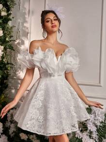 Lovelzi Vestido lujoso, elegante, noble, romántico, digno, blanco, con volantes de encaje y organza, cintura esbelta, corte en línea A, adecuado para celebraciones de despedida de soltera, invitados de bodas, vestidos de graduación, festivales, vestidos de celebración de la novia, vestido blanco, novia