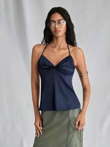 TRNVIE 1pc Navy Blue Simple Versatile Soft Crinkle Fabric Spaghetti Strap Top With Ruched Neckline & Bowknot Closure, Bohemian Style Top For Women, Music Festival - Navy Blue - View 4