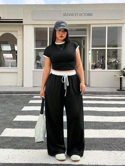 Muchica Black & White Contrast Color T-Shirt And Pants Set, Plus Size Women