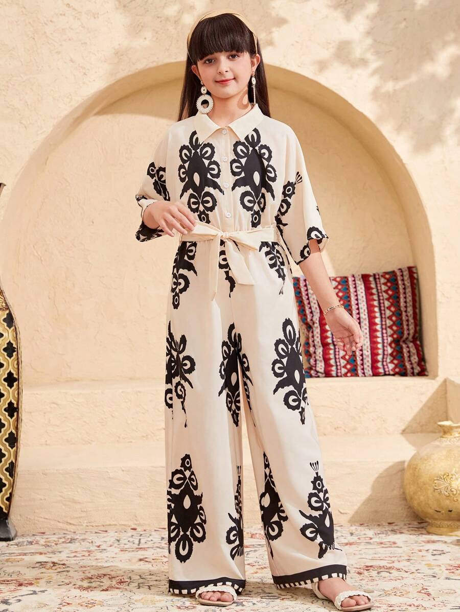 SHEIN Tween 女童宽松休闲印花立领短袖连体裤 - 白色 - 查看 1