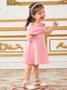 SHEIN Baby Girl Pink Off Shoulder Bowknot Decor Princess Dress, Suitable For Wedding, Party, Holiday, Birthday Gift, Spring/Summer - Pink - View 7
