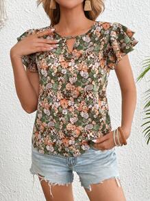 SHEIN VCAY 女式夏季碎花荷叶边领泡泡袖衬衫 - 棕色 - 查看 4