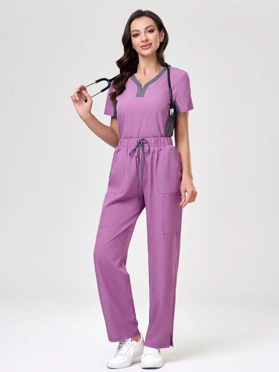 TaskEZ Scrub Uniform Set, Solid Color Short Sleeve T-Shirt & Pants, Minimalist Casual Everyday Wear