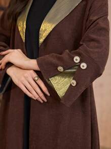 Al Najma Women's Retractable Collar Splicing Metallic Fabric Arabic Robe Abayas - Chocolate Brown - View 3