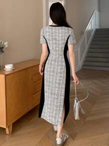 DAZY Women's Colorblock Plaid Round Neck Short Sleeve Dress - Black - View 6