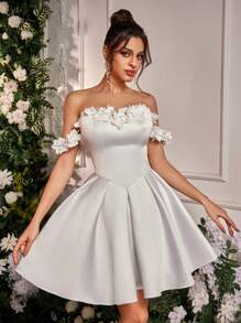 SHEIN Belle Vestido elegante y romántico de encaje con flores 3D en blanco, apropiado para cena, fiesta, cita, vacaciones, boda, evento, vuelta al colegio, graduación, ducha nupcial. Vestido blanco de graduación, vestido de novia - Blanco - Ver 6