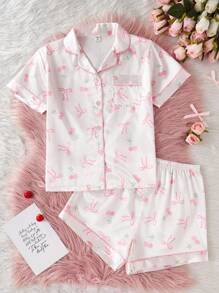 2pcs/Set Teen Girls Casual Cherry & Bow Print Polo Collar Short Sleeve Top With Shorts Loungewear Set, Comfortable