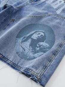 ROMWE MEN Street Life 男士宗教字母印花贴袋宽松休闲百搭牛仔短裤