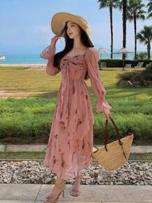 DAZY Đầm midi dáng ôm bằng chiffon in họa tiết hoa hồng, thắt eo xoắn, có bèo nhún, thích hợp cho nữ, kiểu dáng mùa thu, tay dài, trang phục đi nghỉ mát, lễ Phục sinh. - Hồng - Xem 8