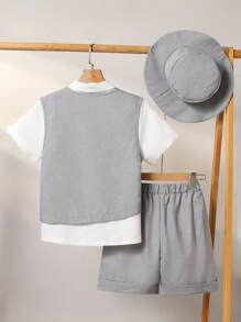 SHEIN 3 bucăți Tween Boy ținută la modă casual - Set vestă, cămașă și pantaloni scurți, potrivit pentru petreceri, evenimente și ieșiri în primăvară/vară