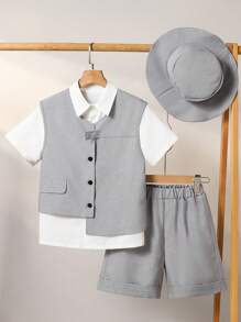 SHEIN 3 bucăți Tween Boy ținută la modă casual - Set vestă, cămașă și pantaloni scurți, potrivit pentru petreceri, evenimente și ieșiri în primăvară/vară