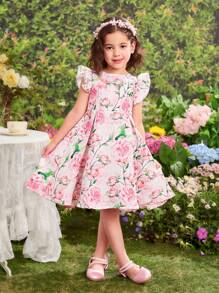 Young Girl Ditsy Floral Round Neck Ruffle Trim Bowknot Design Woven Dress - Multicolor - View 2