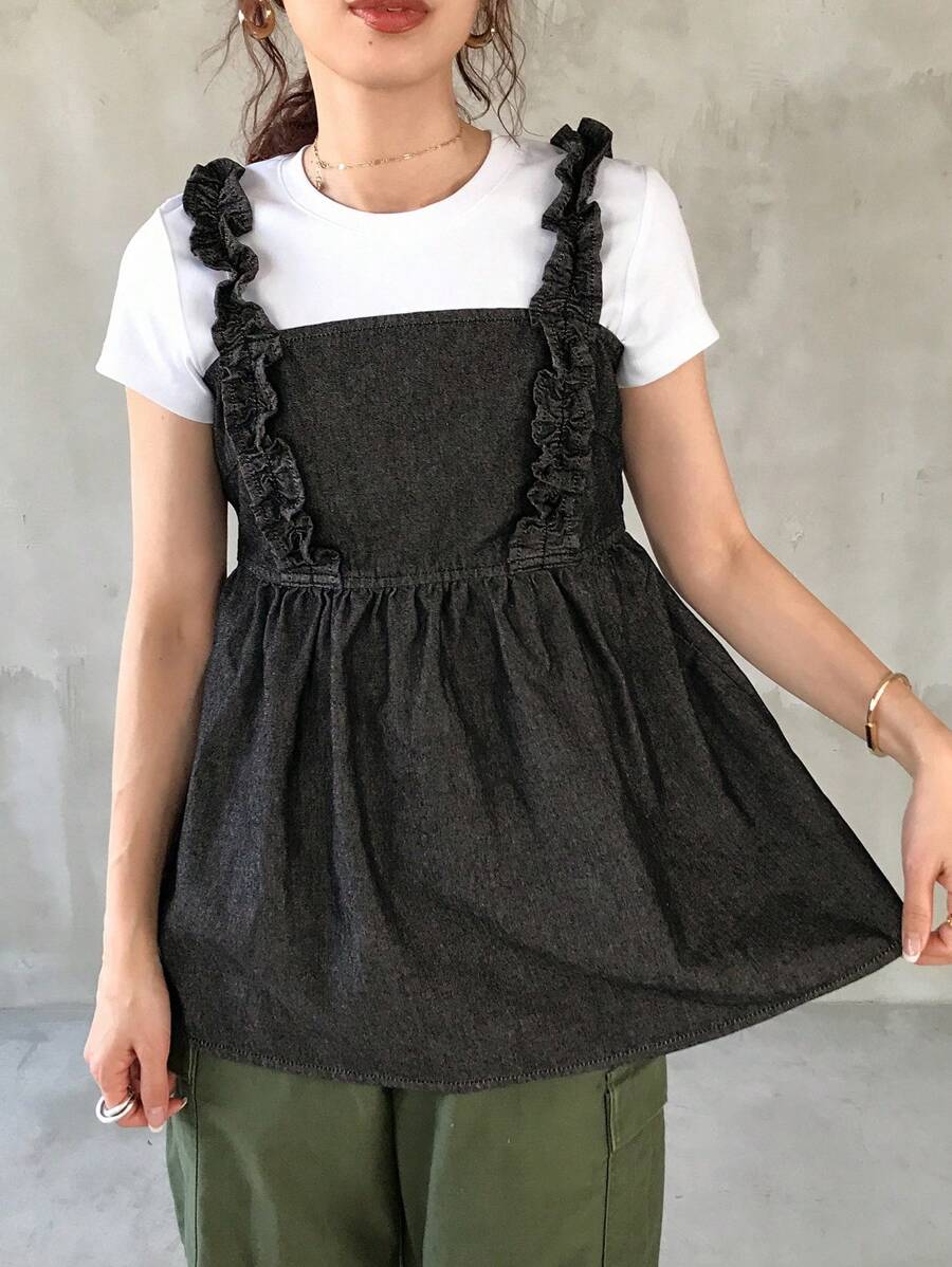 FRIFUL Women Ruffle Hem & Strap Denim Blouse - Black - View 1