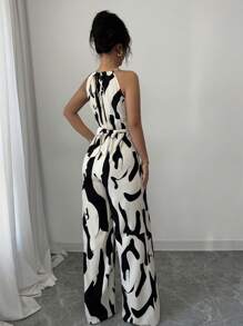 Elenzga Women's Print Fabric Ruched Jumpsuit With Halter Neck, Elegant For Holiday And Everyday Wear