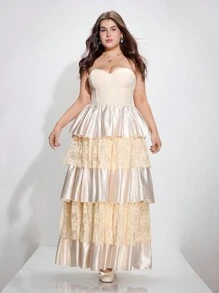 SHEIN MOD Váy ren thêu ren hở ngực cỡ lớn - Màu be - Xem 4