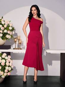 Modelyn 女式不对称肩部荷叶边拼接优雅浪漫连衣裙，适合春夏季 - 紅色 - 查看 3