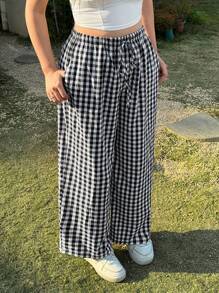 SHEIN EZwear 大码女式休闲宽松黑白格纹阔腿裤 - 黑與白 - 查看 1