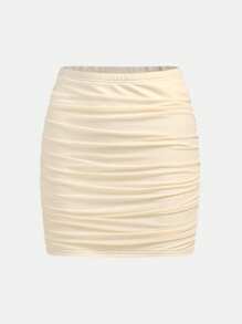 SHEIN Girlism Teen Girl 2pcs Set: Plain Mesh Ruched Square Neck Long Sleeve Top And Skirt - Apricot - View 5