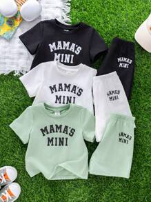 SHEIN Leap Crew 6 件套男婴和女婴休闲可爱图形字母图案宽松针织圆领 T 恤和短裤 2 件套服装套装，3 种颜色，适合春夏穿着，非常适合母亲节/母亲节/宝宝的第一个母亲节 - 彩色 - 查看 4