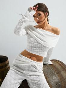 Athîral Women Casual Solid Color One-Shoulder Long Sleeve Top And Long Pants 2 Pieces Set - White - View 2