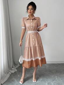 Elenzga 女式休闲优雅波西米亚风格条纹印花领带蝴蝶结连衣裙 - 卡其色 - 查看 1