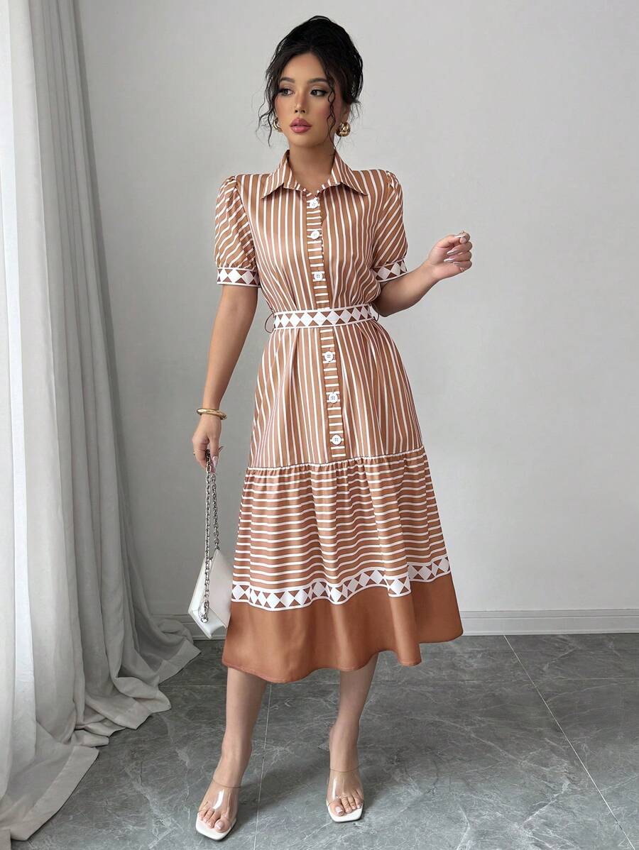 Elenzga 女式休闲优雅波西米亚风格条纹印花领带蝴蝶结连衣裙 - 卡其色 - 查看 1