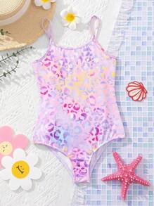 SHEIN SLAYR KIDS Young Girl Cute Colorful Leopard Print Knit Camisole One-Piece Swimsuit, Spring/Summer - Multicolor - View 5